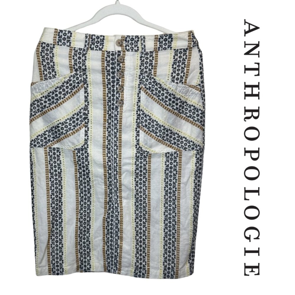 Anthropologie Embroidered Linen Striped Button‑Front Midi Skirt – Size 8 NWOT